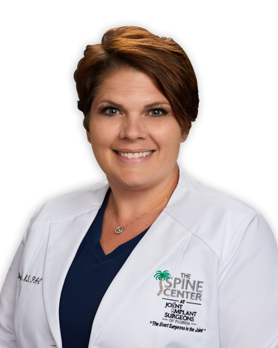 Headshot of Physician Assistant Mindy Bryde in white lab coat with The Spine Center logo